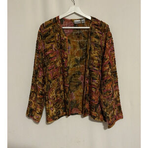 Chicos Cardigan Top 2 Silk Open Front Brown Orange Fall Floral Embroider Texture